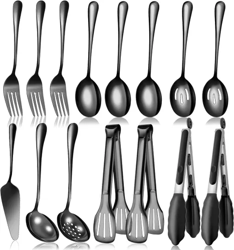 Miniatura 10 de Juego de utensilios de servir dorados para fiestas, cucharas grandes de servir de acero inoxidable, cucharas ranuradas, tenedores, pinzas, cucharas