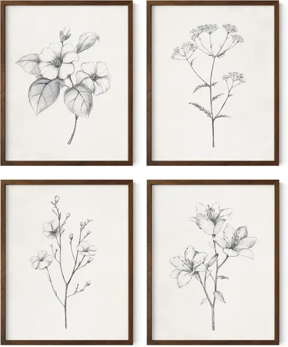 Miniatura 41 de HAUS AND HUES Arte de pared floral gris, juego de 4 pósteres de plantas para pared vintage, impresiones botánicas, cuadros de flores en blanco