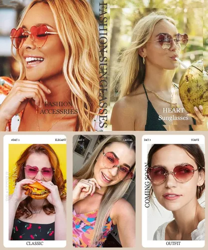 Miniatura 3 de Dollger Lentes de sol con forma de corazón, con marco de metal fino, sin marco, con forma de corazón, con protección UV400 para mujer