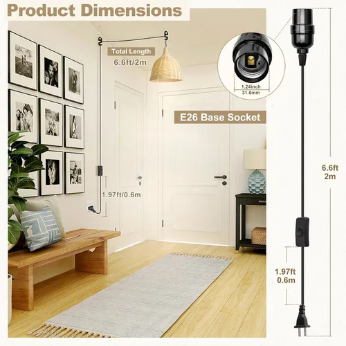Miniatura 2 de DiCUNO Cable de extensión de linterna colgante E26, lámpara de control de interruptor de cable en línea para enchufar y apagar, 6.6 pies, negro