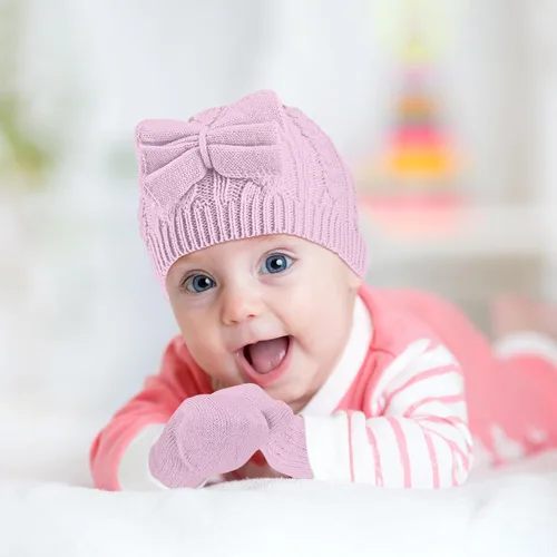 Miniatura 25 de SATINIOR 3 Set Toddler Hat Glove Set, Kids Winter Hats Warm Knitted Beanie Mittens Gloves with Bow for Baby Girls Boys 0-6Y