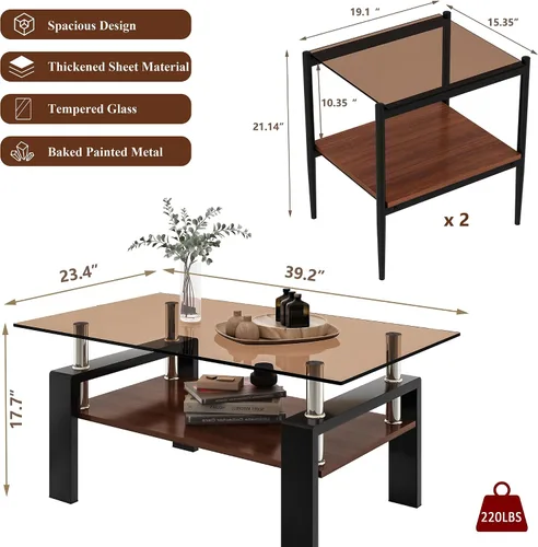 Miniatura 3 de Juego de 3 mesas auxiliares y mesas auxiliares de cristal moderno, juego de mesas de sala de estar con capa de madera de nogal, parte superior
