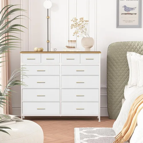 Miniatura 2 de VASICAR Cómoda blanca para dormitorio con 12 cajones profundos, cómoda ancha, soporte de TV de 55 pulgadas con parte superior de madera retro, Top