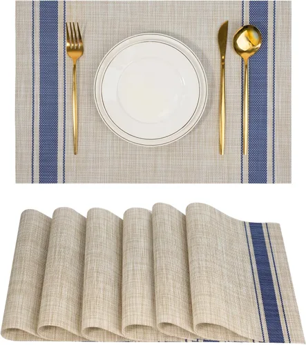 Miniatura 36 de Juego de 6 manteles individuales, antideslizantes, tejido de PVC, fáciles de limpiar, resistentes al calor, para cocina, comedor, decoración Beige