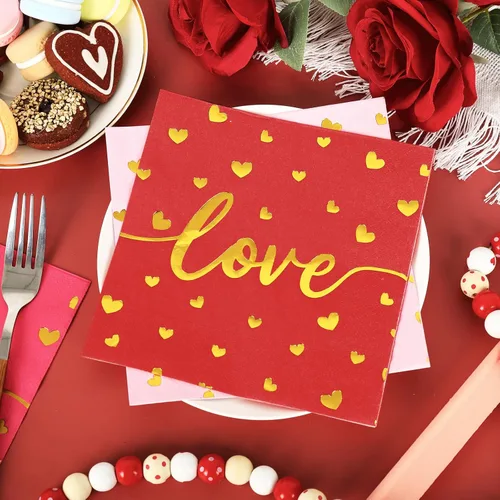 Miniatura 5 de Whaline Paquete de 75 servilletas para el día de San Valentín de 6.5 x 6.5 pulgadas, color rojo, rosa, dorado, servilletas de cena Love XOXO Kisses