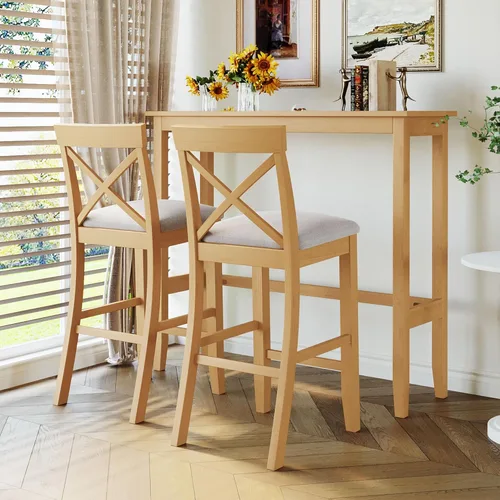 Miniatura 41 de JIVOIT Juego de mesa de comedor de 3 piezas con altura de mostrador, juego de comedor de madera maciza con 2 taburetes tapizados, mesa de comedor