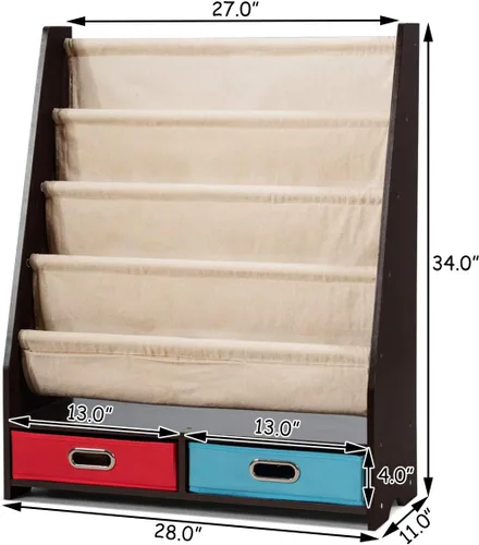 Miniatura 2 de HONEY JOY Estante para libros para niños con 2 contenedores de almacenamiento, estantería de madera para niños pequeños con 4 estantes de eslinga