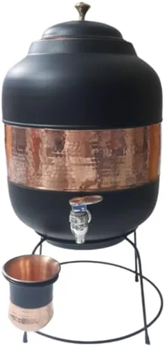 Ornate International Pure Copper Water Dspenser/Matka/Enfriador de agua/Storae Water 14 litros con 11.8 fl oz de vidrio de secuencia media Negro