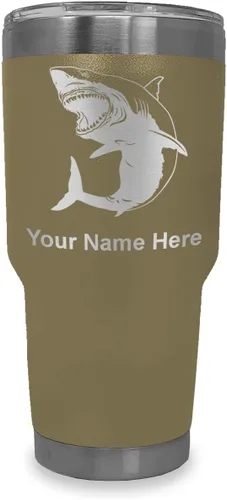 Miniatura 10 de LaserGram Vaso aislado al vacío de 20 onzas, gran tiburón blanco, grabado personalizado incluido (negro)