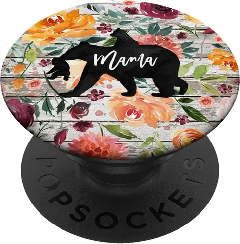 Mama Bear Dos Cubs Twins Rustic Wood Watercolor Floral - PopSockets Grip and Stand for Phones and Tablets, Negro
