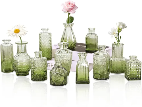 Miniatura 14 de Juego de 4 jarrones de cristal para brotes, pequeños jarrones de flores transparentes vintage como centros de mesa para mesa a granel, lindos mini