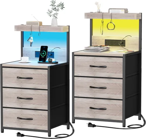 Miniatura 9 de SZLHANJZ - Mesita de noche LED con estación de carga, mesita de noche con 3 cajones y luces, mesa auxiliar de almacenamiento con estante y ganchos