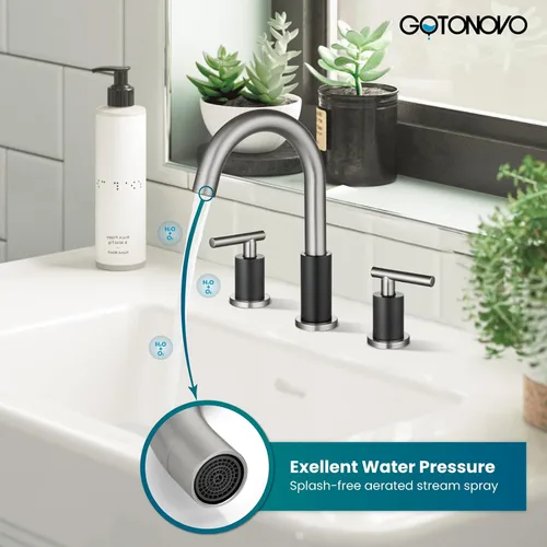 Miniatura 3 de gotonovo Grifo de Lavabo de Baño de 3 Orificios 2 Manijas con Desagüe Emergente con Válvulas Mezcladoras de Agua Caliente y Fría Grifo de Baño Negro