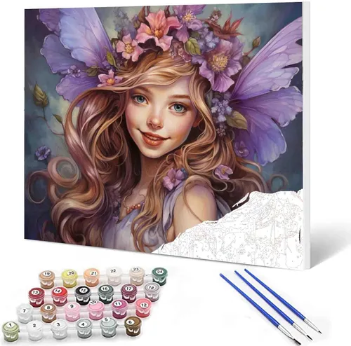 Miniatura 49 de Angel Girl - Pintura por números para adultos, corona de rosas rosadas, pintura al óleo digital, pintura acrílica, kit de pintura linda para niñas