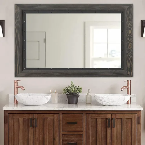 YOSHOOT Espejo de pared con marco de madera rústica, 48 x 30 pulgadas, espejo de tocador de baño de madera natural y hierro para decoración de