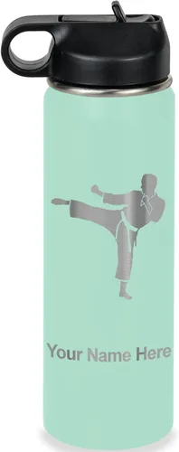Miniatura 61 de Botella de agua personalizada LaserGram, Karate Man, de acero inoxidable con doble pared aislada al vacío con tapa abatible, regalo personalizado