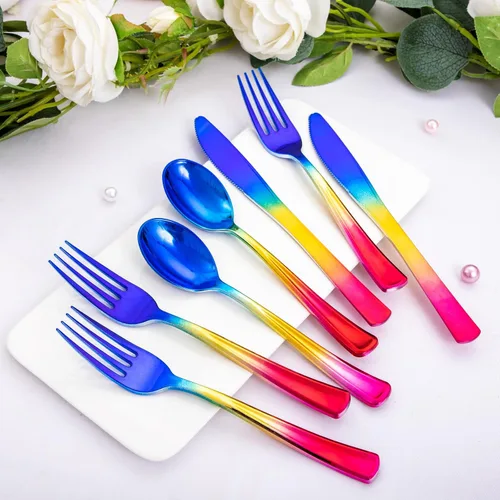 Miniatura 6 de Enjoylife - 120 cubiertos plásticos, cubiertos plásticos de arcoiris, dorado y azul (arcoiris)