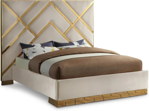 Meridian Furniture VectorCream-K Vector Collection Modern | Cama tapizada de terciopelo contemporánea, base de metal dorado personalizada y diseño