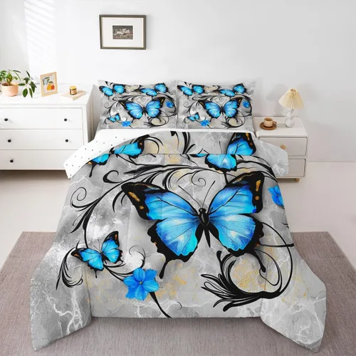 Miniatura 26 de Erosebridal Juego de ropa de cama de calavera gótica, flores mandala, mariposa hippie para niñas y niños, edredón de esqueleto de la muerte de Negro