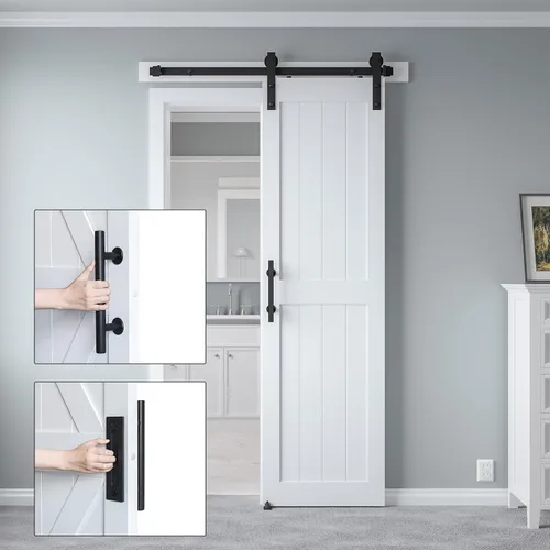 Miniatura 3 de Puerta corrediza de granero MDF de 24 x 84 pulgadas con kit de herrajes para puerta de granero de 4 pies y asa, agujeros preperforados, fácil Blanco