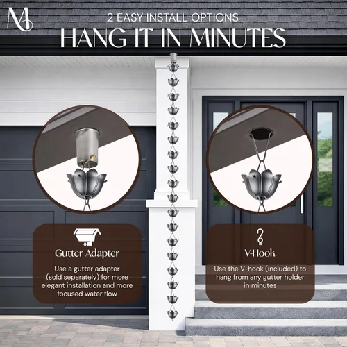 Miniatura 5 de Monarch Rain Chains Cadenas de lluvia de estaño de loto de aluminio para canaletas – Cadena de lluvia decorativa de peltre de 8.5 pies
