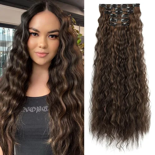 Miniatura 9 de Flufymooz - Extensiones de cabello con clip, 6 unidades, extensiones de cabello largas con ondas de sirena, sintético, postizo para mujer, 24 Marrón
