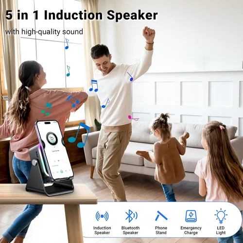 Miniatura 2 de Altavoz de inducción con soporte para teléfono 5 en 1 Audio inalámbrico de inducción Bluetooth para iPhone Android Altavoz con amplificador con luz