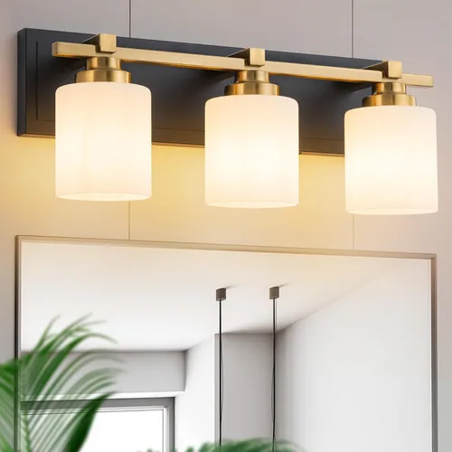 Miniatura 13 de 1 Luminaria Moderna de Baño sobre Espejo, Luces de Tocador Negro Dorado para Apliques de Pared de Baño con Pantallas de Vidrio Blanco Lechoso