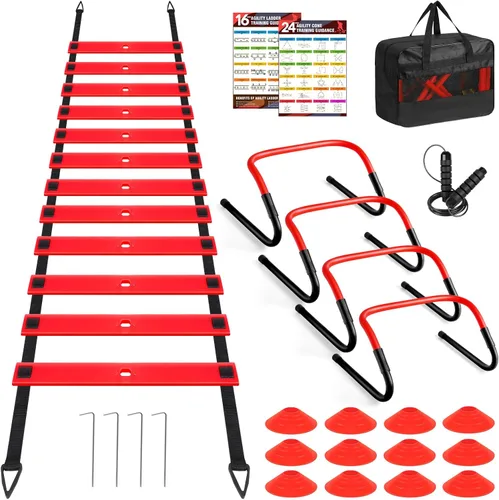 Miniatura 8 de BORNEW Set de Equipo de Entrenamiento de Agilidad y Velocidad, Set de Práctica de Fútbol con escalera de agilidad de 20 pies, 12 conos, 4 obstáculos
