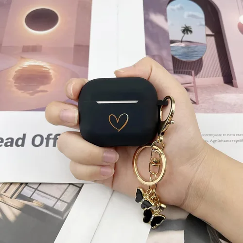 Miniatura 6 de Funda compatible con AirPods 3 2021, funda de silicona suave con patrón de corazón dorado para AirPods de 3ª generación con bonito llavero de Negro