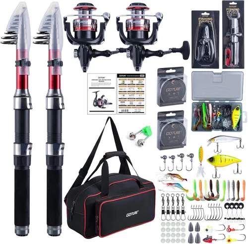 Miniatura 15 de Goture Combos de caña de pescar y carrete - 2 piezas de caña telescópica + 2 piezas de carretes giratorios precargados con bolsa de transporte, kit