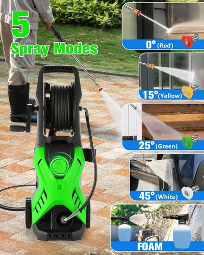 Miniatura 4 de Lavadora a presión eléctrica, lavadora de alta potencia de 2.8 GPM, presión ajustable 2500PSI-5000PSI con carrete de manguera de extensión de 33