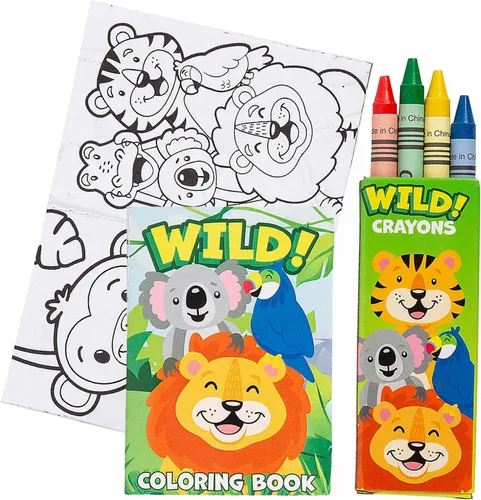 Fun Express Mini Zoo Sarfari - Juego de libros y crayones para colorear de animales, 12 libros y 12 cajas de crayones - Recuerdos de fiesta,