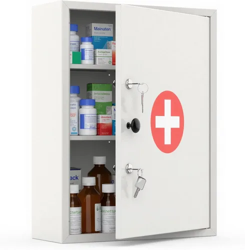 Miniatura 11 de Botiquín de medicina con bloqueo, caja de almacenamiento de primeros auxilios de acero para montaje en pared con cerradura de llave, organizador