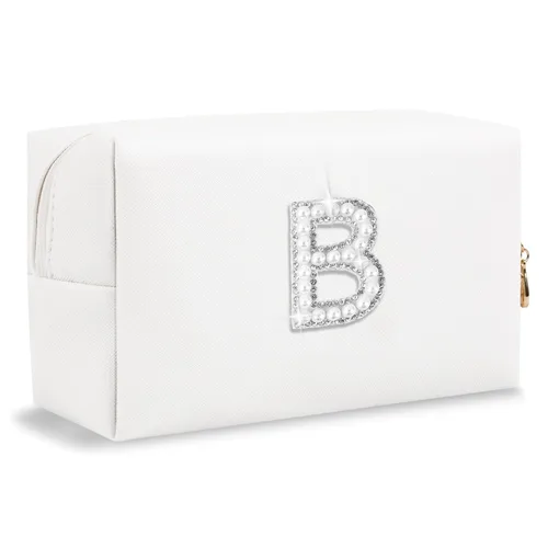 Miniatura 33 de Pequeña bolsa de maquillaje personalizada con inicial A-Z Preppy Patch, bolsa de cosméticos de viaje de felpilla blanca con cremallera, bonita bolsa