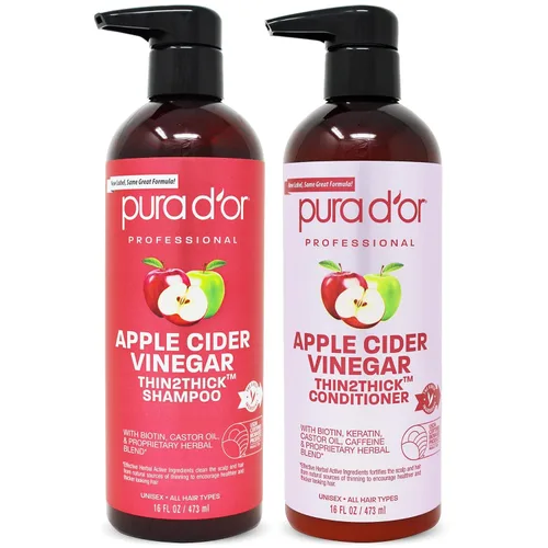 Miniatura 2 de PURA D'OR Set Thin2Thick de vinagre de sidra de manzana (16 onzas x 2) champú y acondicionador ACV y aceite de argán protector contra el calor
