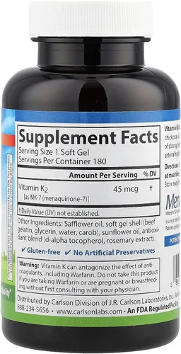 Miniatura 2 de Carlson Labs Vitamina K2-7 45 MCG Suplemento mineral Softgels, 180