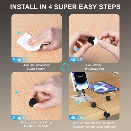 Miniatura 3 de 6 piezas de clips magnéticos para cables, organizador de cables adhesivo giratorio de 360° - Soporte compacto para cables para escritorio, mesita