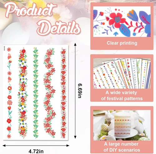 Miniatura 2 de 8 calcomanías de huevo de Pascua para decorar huevos de vinilo impermeables, tatuajes de flores para fiestas de primavera, suministros de caza