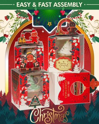 Miniatura 6 de qiqee Cajas individuales de cupcakes de Navidad, 50 unidades, cajas de magdalenas individuales con ventana 3.7 "3.7" x 4.5 " caja de magdalenas