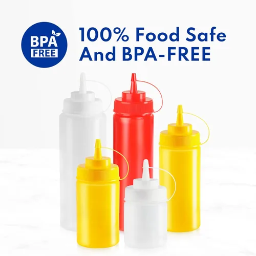 Miniatura 8 de Botellas compresibles New Star Foodservice 26528, de plástico, con tapa y escala, boca ancha, de 16 oz, amarillas, paquete de 6 unidades Amarillo