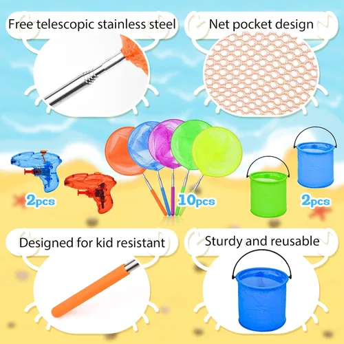 Miniatura 2 de Paquete de 14 redes telescópicas de mariposa para niños, cubos plegables y pistola de agua para niños, redes de insectos de pesca