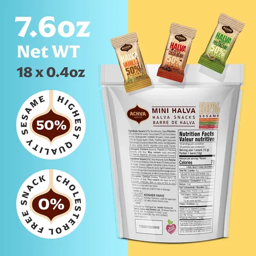 Miniatura 7 de Halva Tahini Bar Mini Snacks – Surtido de 18 aperitivos israelíes Halvah de pistacho, vainilla y cacao en grano – Snacks veganos Kosher sin gluten
