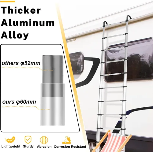 Miniatura 4 de Escalera Telescópica, Escalera Telescópica de Aluminio RIKADE de 8.5 Pies con Pies Antideslizantes y Gancho Estable, Escalera de Extensión Portátil