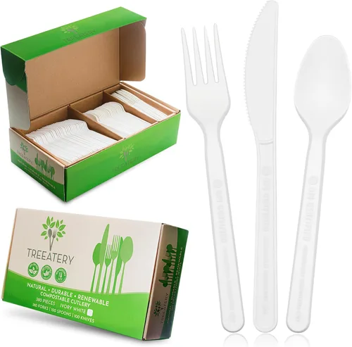 Miniatura 11 de Juego de cubiertos compostables, utensilios compostables a base de plantas, cubiertos compostables aptos para lavavajillas, cubiertos desechables