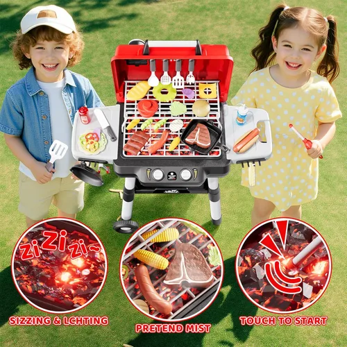 Miniatura 6 de Juguetes de cocina para niños, juego de parrilla BBQ para niños, juguete de barbacoa de 2 niveles con ruedas, sonido de humo y luz, juego