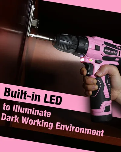 Miniatura 7 de WORKPRO Juego de Taladro Atornillador Inalámbrico Rosa, Kit de Herramientas de Atornillador Eléctrico de 12V, Portabrocas sin Llave de 3/8