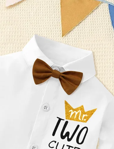 Miniatura 8 de AGAPENG Traje de primer cumpleaños para niño Mr Onederful First Gentleman Bowtie Mameluco con tirantes y sombrero de corona