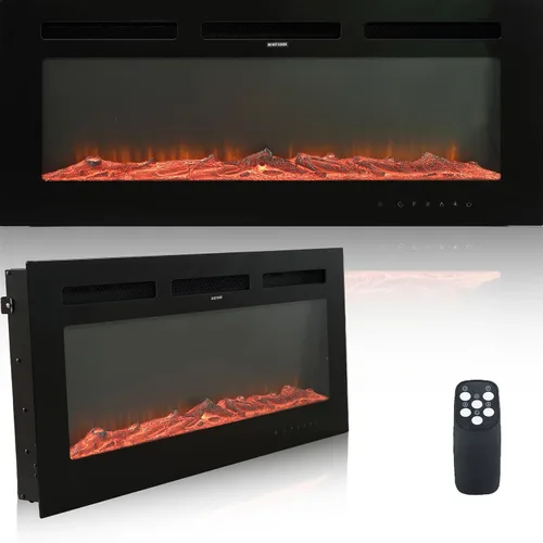 Chimenea eléctrica montada en la pared y empotrada de 36 pulgadas con control remoto temporizador de 8 horas, 12 llamas, pantalla táctil, calentador