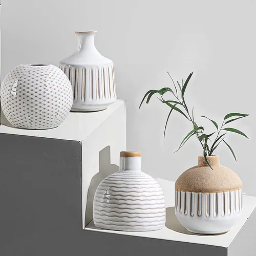 Miniatura 2 de Juego de 4 jarrones pequeños de cerámica minimalista boho para dormitorio, sala de estar, oficina, chimenea, centro de mesa, jarrones blancos Antiguo